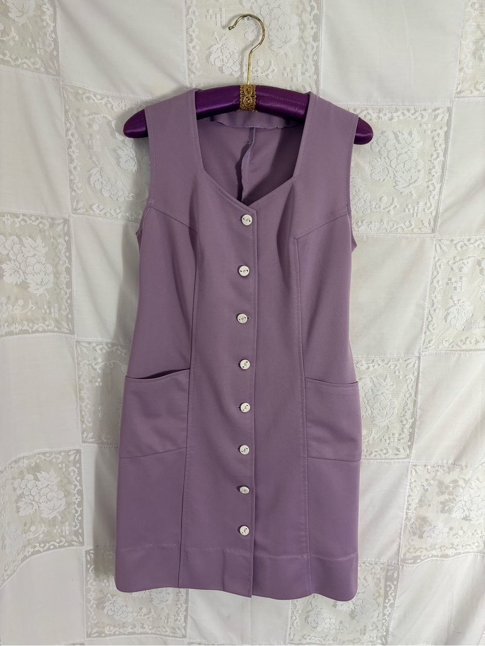 60s/70s Mod Lavender Purple Sleeveless Retro Button Front‎ Mini Dress Size M